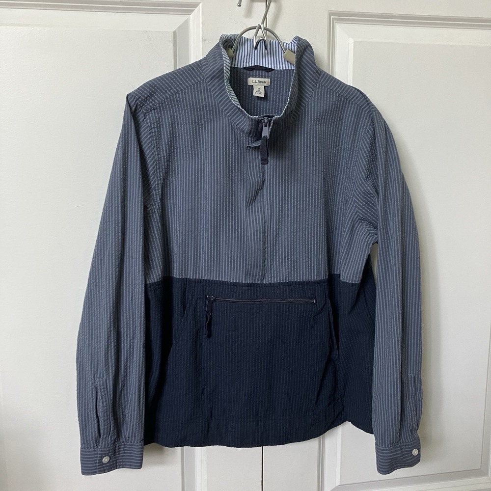 LL Bean Mens M Blue Seersucker Striped Colorblock Anorak Half Zip Pullover